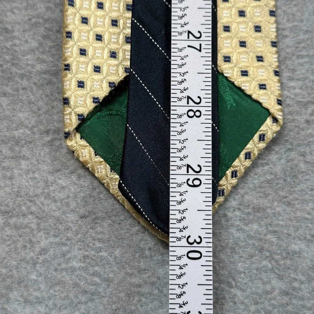 VTG Tommy Hilfiger Necktie Yellow Blue Geometric Navy Stripe Tail 100% Silk NOTE